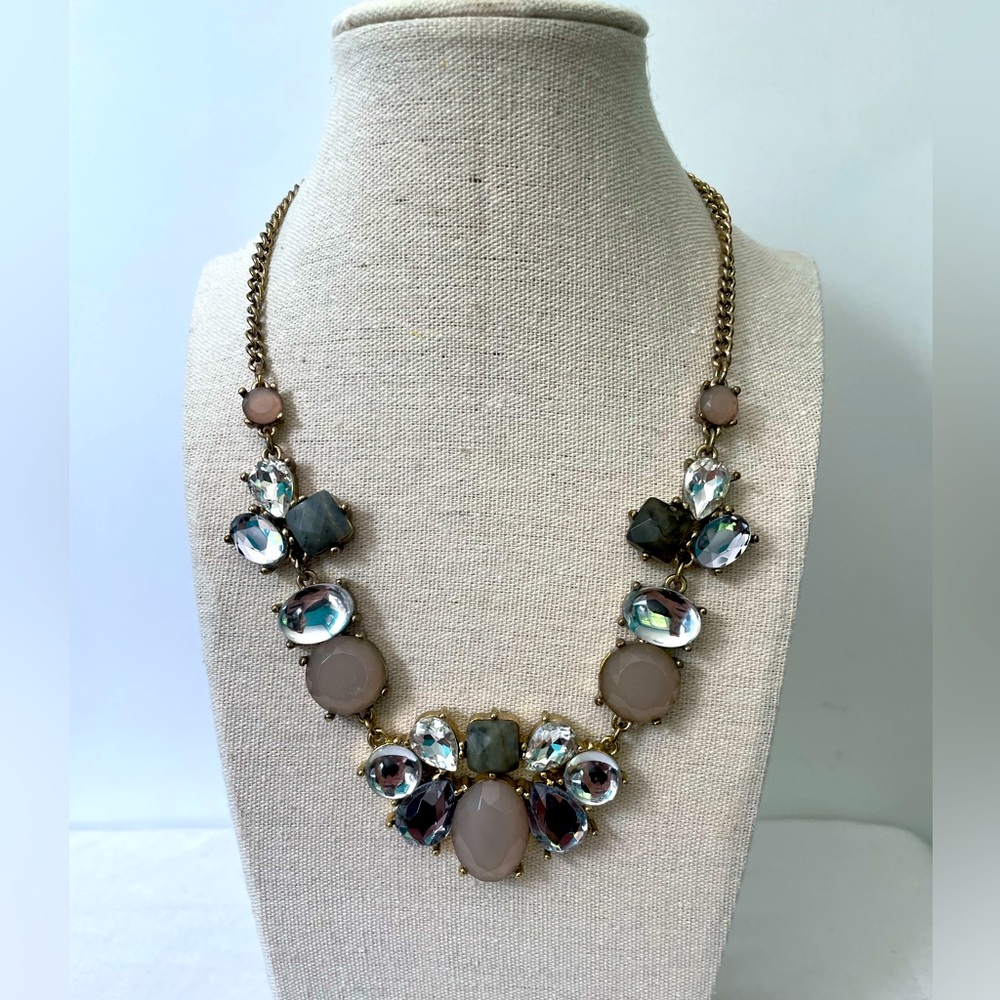 LOFT Statement Necklace w/ Epoxy Gems in Grey, Crystal, and Taupe